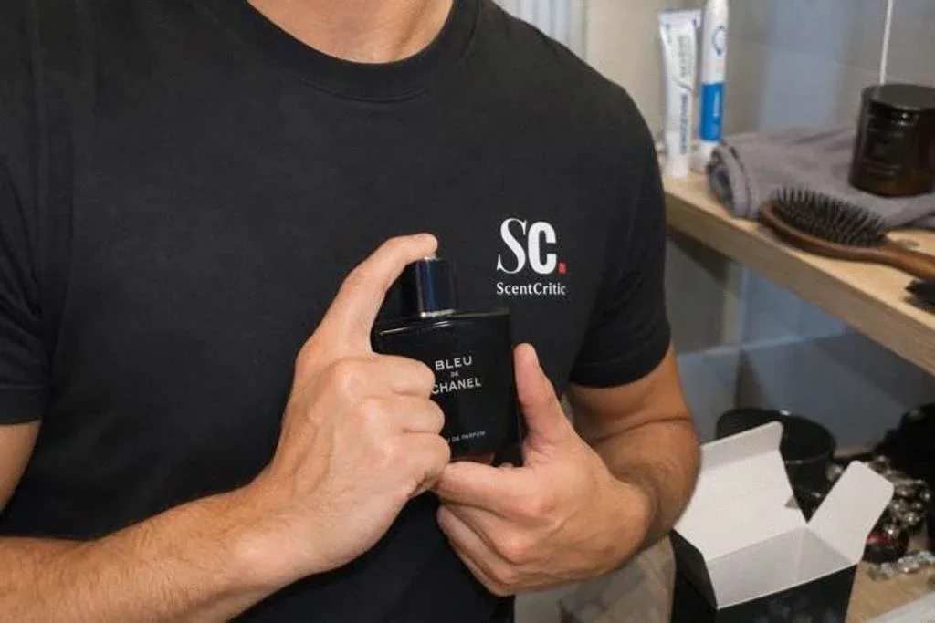 Hands holding a blue fragrance bottle at chest height, work shirt unbuttoned