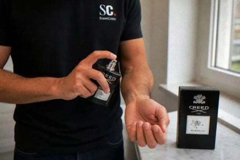 Una pulverización de Creed Aventus aplicada en la cara interna de la muñeca, junto a una ventana