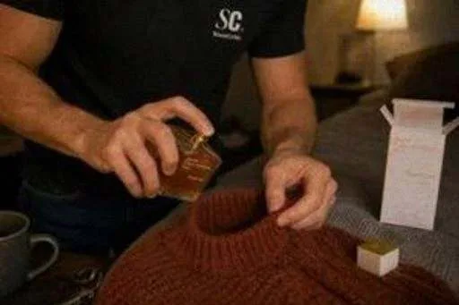 Pressing the Grand Soir sprayer against the ribbed collar of a chunky knit sweater in lamp light