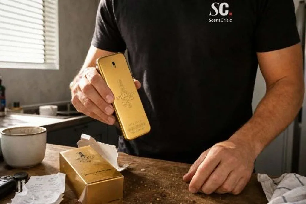 Holding the gold 1 Million bottle up beside its carton on a kitchen table to read the code on both