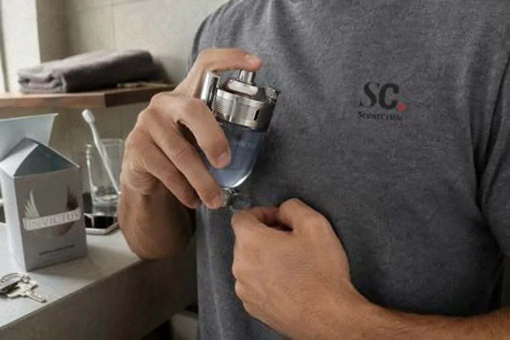 A hand bringing the sprayer of the blue and silver bottle towards the chest of a grey cotton t shirt, bathroom shelf behind